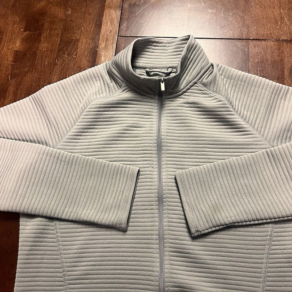Adidas Jacket Womens Large Gray Ribbed Zip Up Outdoors‎ Run Workout Thumb Holes